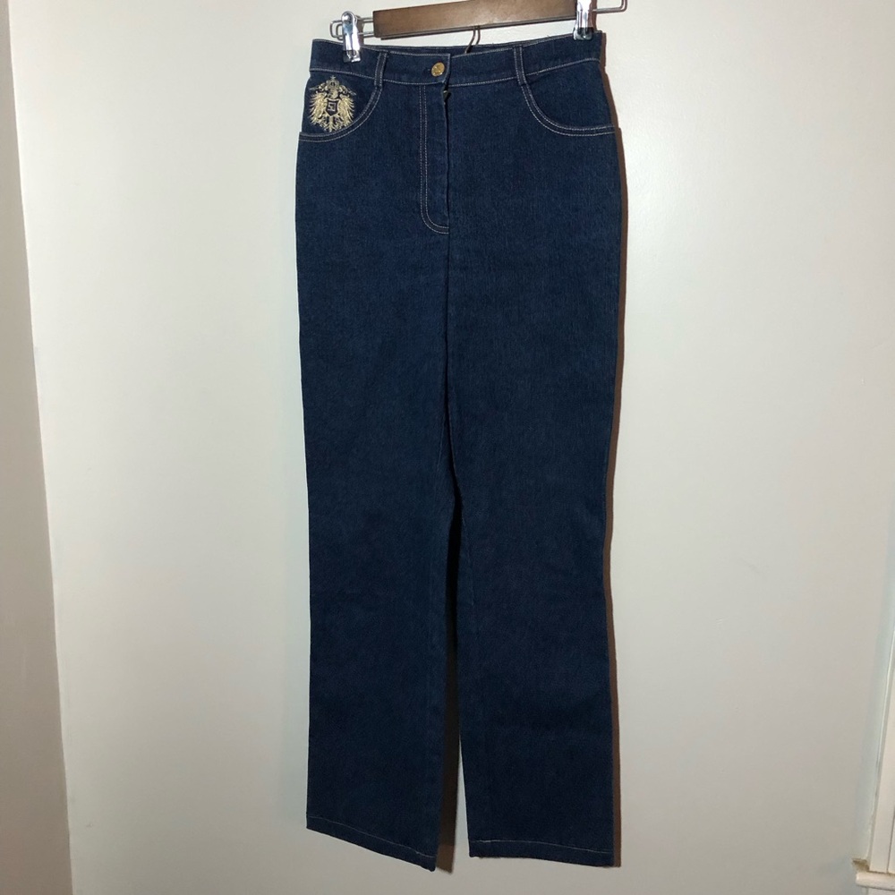 St. John collection mom jeans sz 2 high rise straight embroidered crest EUC
